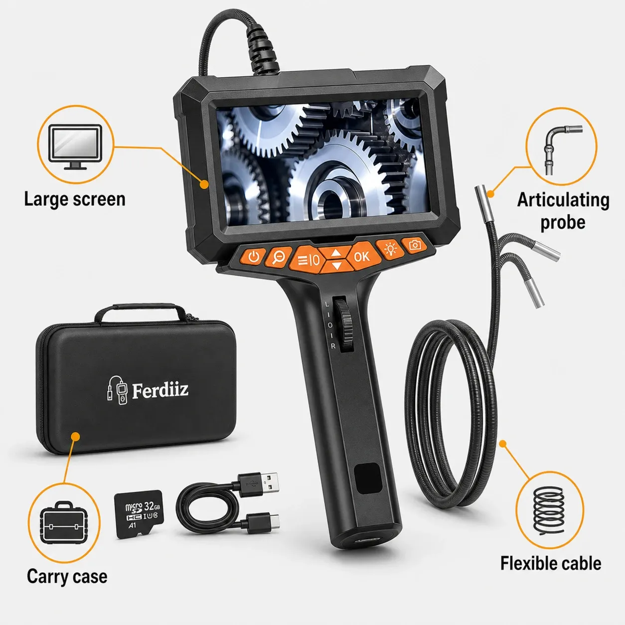A professional inspection camera with a large LCD screen displaying gears, featuring an articulating probe and flexible cable, alongside a carry case and accessories.